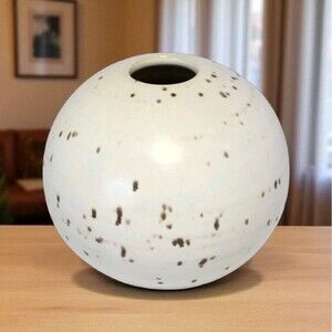 Vintage Japanese Studio Pottery White Brown Speckled Ball Vase MCM Japandi 5"